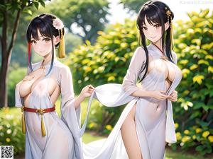 A couple of women in white dresses standing next to each other.